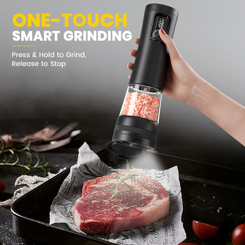 Moreblue Electric Salt and Pepper Grinder Set , Automatic Rechargeable Salt and Pepper Shaker with LED Battery Display & USB‑C Charging Base, Pepper Mill for Kitchen, Dining & Camping